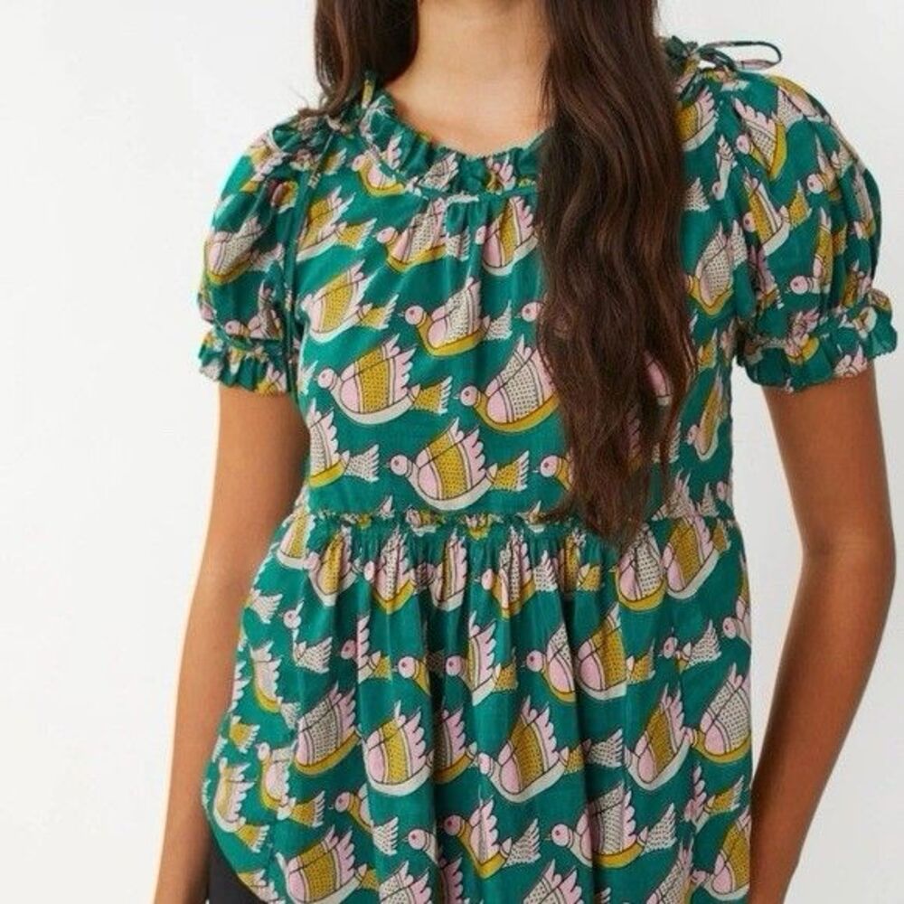 Matta Size S • Bindi Bird Silk Cotton Blend Short Sleeve Green Top Blouse
